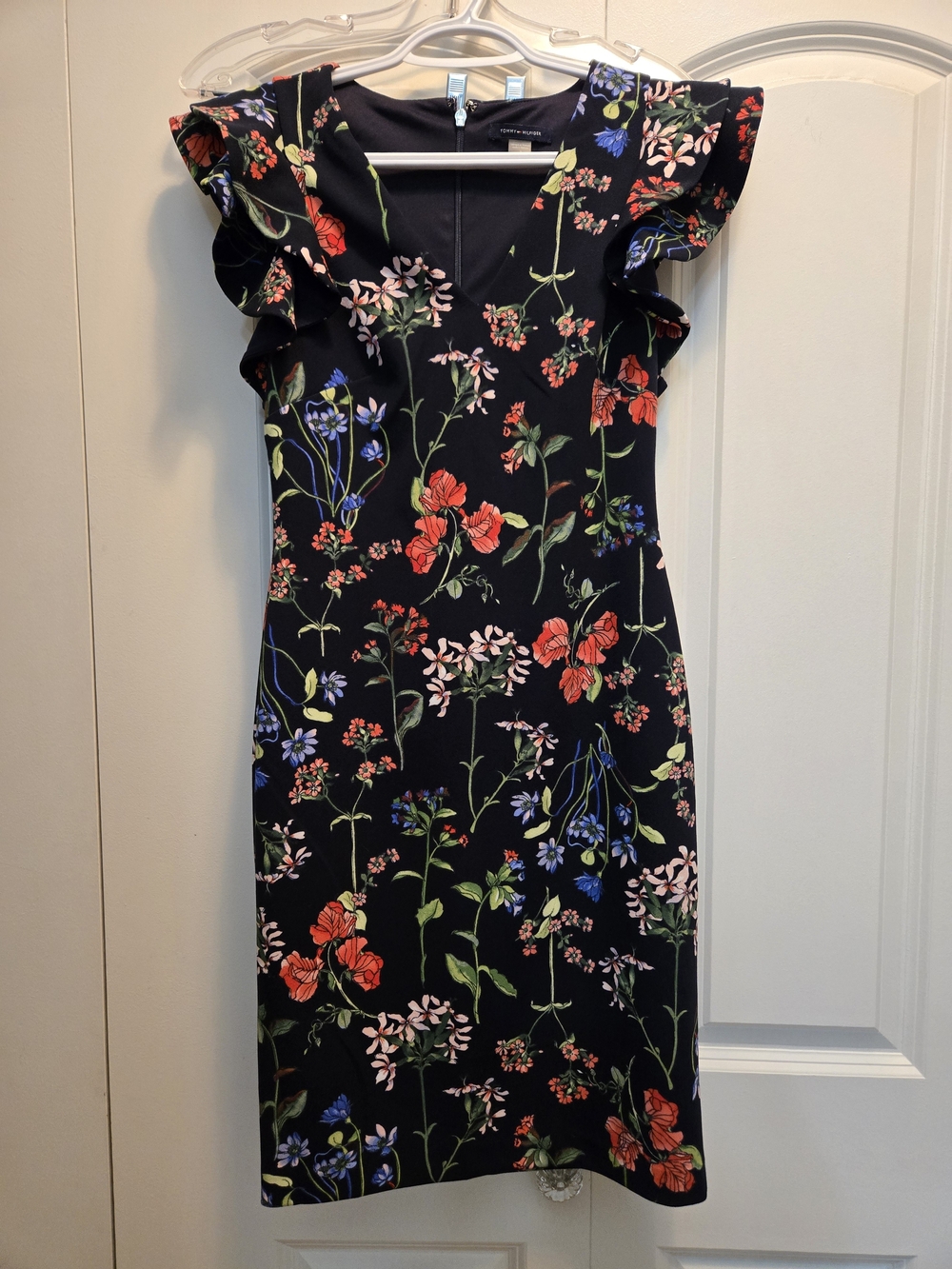 Tommy Hilfiger Black Midi Dress with Red & Blue Floral Print Size 2